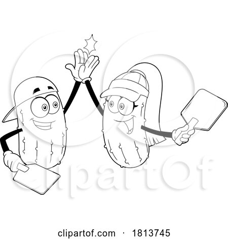 Pickleball Pickle Couple High Fiving Licensed Black and White Cartoon Clipart by Hit Toon