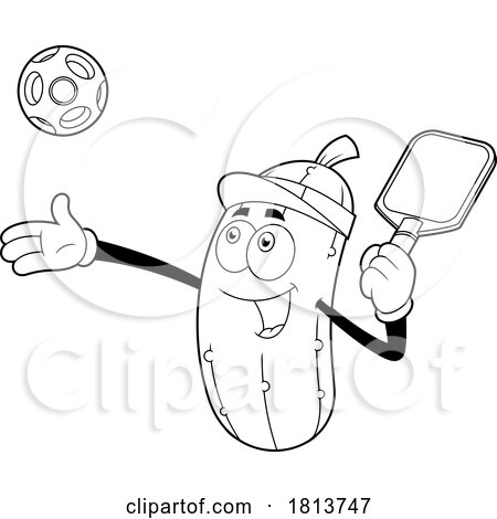 Male Pickleball Pickle Mascot Licensed Black and White Cartoon Clipart by Hit Toon