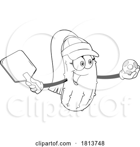 Female Pickleball Pickle Mascot Licensed Black and White Cartoon Clipart by Hit Toon