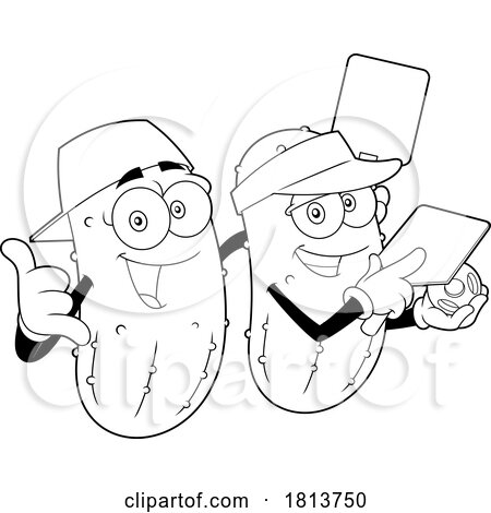 Pickleball Pickle Couple Licensed Black and White Cartoon Clipart by Hit Toon