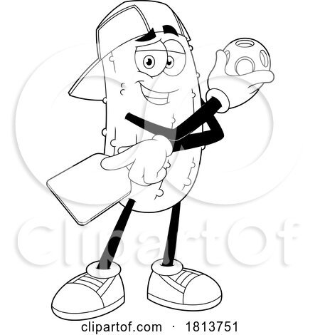 Male Pickleball Pickle Mascot Licensed Black and White Cartoon Clipart by Hit Toon