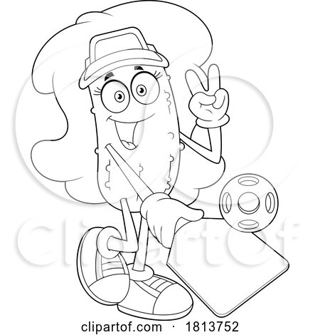 Female Pickleball Pickle Mascot Licensed Black and White Cartoon Clipart by Hit Toon