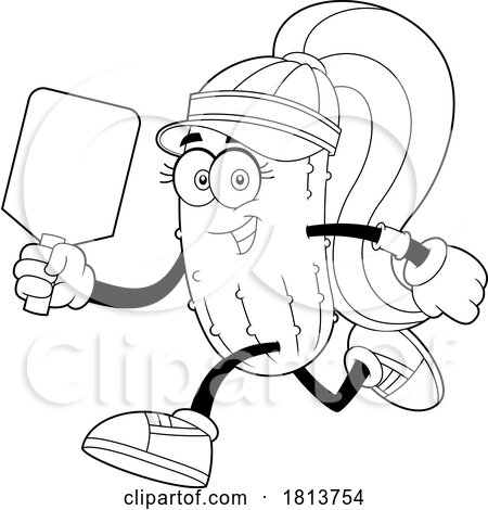 Female Pickleball Pickle Mascot Licensed Black and White Cartoon Clipart by Hit Toon