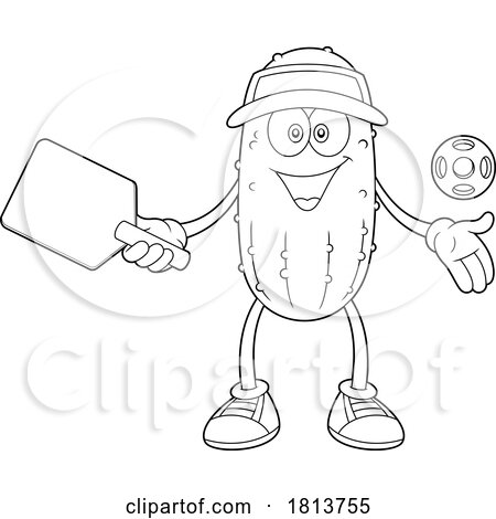 Male Pickleball Pickle Mascot Licensed Black and White Cartoon Clipart by Hit Toon