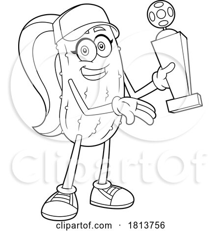 Female Pickleball Pickle Mascot Holding a Trophy Licensed Black and White Cartoon Clipart by Hit Toon