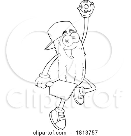 Male Pickleball Pickle Mascot Licensed Black and White Cartoon Clipart by Hit Toon