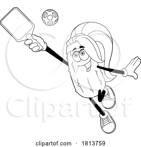 Female Pickleball Pickle Mascot Licensed Black and White Cartoon Clipart by Hit Toon