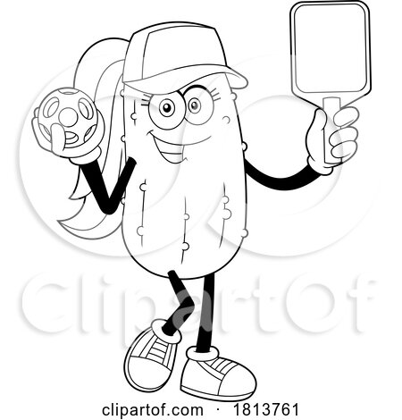 Female Pickleball Pickle Mascot Licensed Black and White Cartoon Clipart by Hit Toon