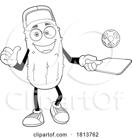 Male Pickleball Pickle Mascot Licensed Black and White Cartoon Clipart by Hit Toon