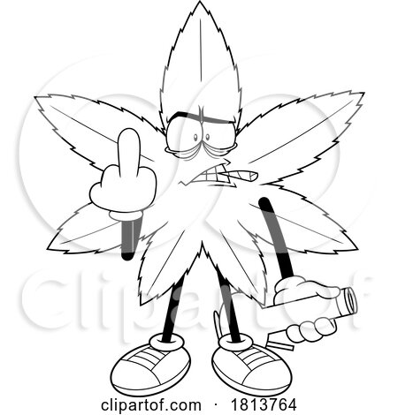 Pot Leaf Mascot Smoking and Flipping the Middle Finger Licensed Black and White Cartoon Clipart by Hit Toon