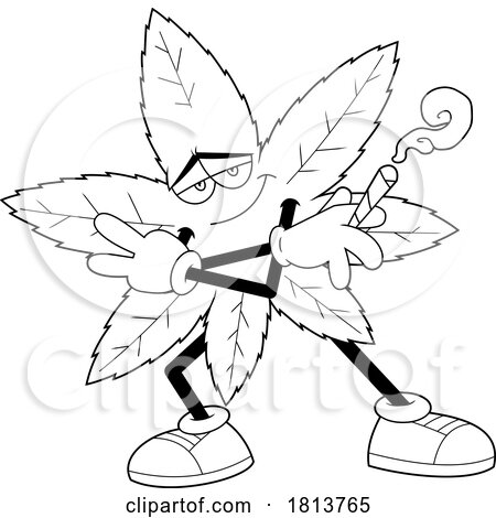 Dancing and Smoking Pot Leaf Mascot Licensed Black and White Cartoon Clipart by Hit Toon