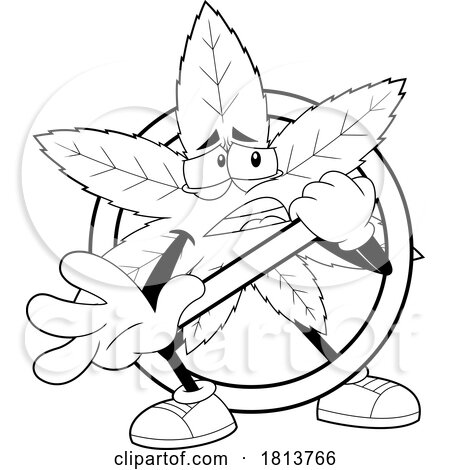 Pot Leaf Mascot Reaching out from a Prohibited Sign Licensed Black and White Cartoon Clipart by Hit Toon