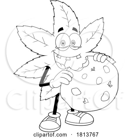 Pot Leaf Mascot Eating a Cookie Licensed Black and White Cartoon Clipart by Hit Toon