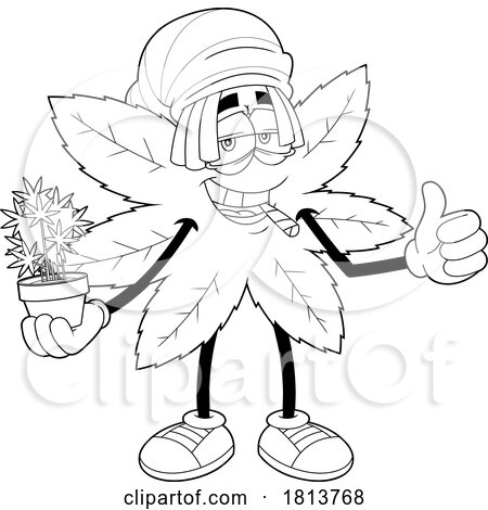 Pot Leaf Mascot Smoking and Holding a Plant Licensed Black and White Cartoon Clipart by Hit Toon