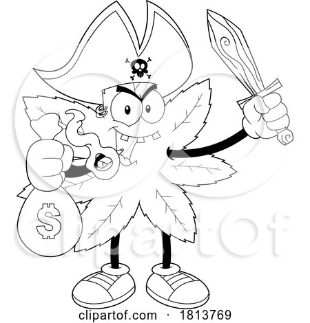 Pot Leaf Pirate Mascot with a Money Bag Licensed Black and White Cartoon Clipart by Hit Toon