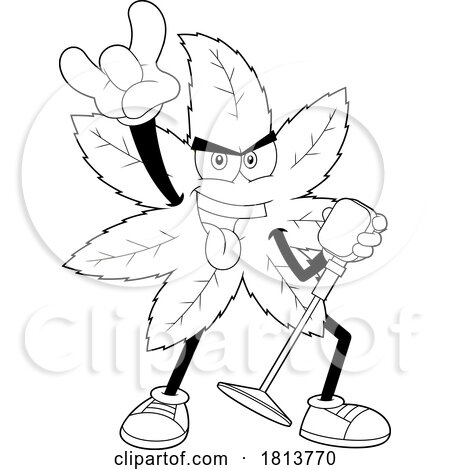 Rock Star Pot Leaf Mascot Licensed Black and White Cartoon Clipart by Hit Toon