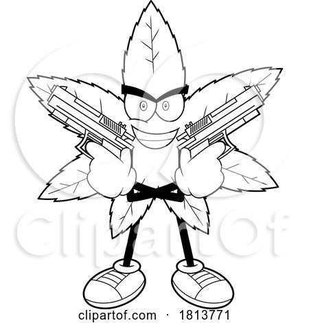 Armed Pot Leaf Mascot Licensed Black and White Cartoon Clipart by Hit Toon