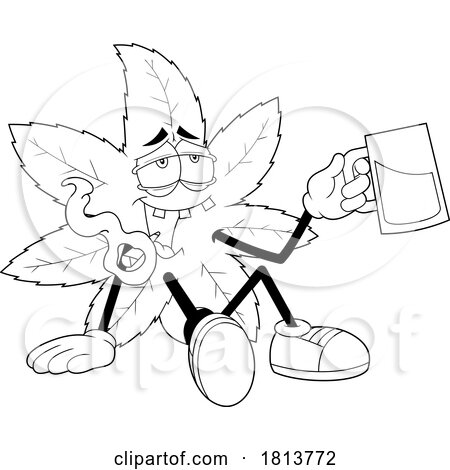 Pot Leaf Mascot Holding a Beer Licensed Black and White Cartoon Clipart by Hit Toon