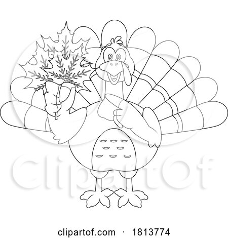 Turkey Bird Mascot with Leaves Licensed Black and White Cartoon Clipart by Hit Toon