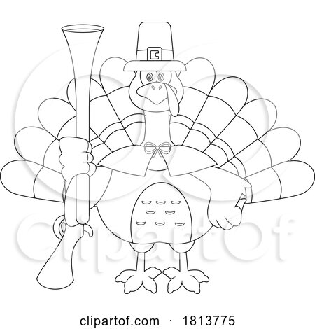 Pilgrim Turkey Bird Mascot with Blunderbus Licensed Black and White Cartoon Clipart by Hit Toon