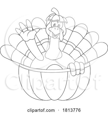 Turkey Bird Mascot in a Pumpkin Licensed Black and White Cartoon Clipart by Hit Toon