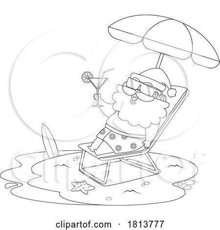 Vacationing Santa Claus with a Cocktail on a Beach Licensed Black and White Cartoon Clipart by Hit Toon