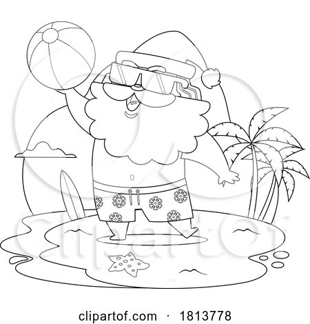 Vacationing Santa Claus with a Beach Ball Licensed Black and White Cartoon Clipart by Hit Toon