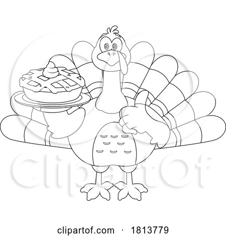 Turkey Bird Mascot with Pie Licensed Black and White Cartoon Clipart by Hit Toon