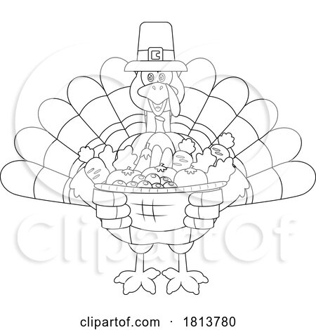 Pilgrim Turkey Bird Mascot with Produce Licensed Black and White Cartoon Clipart by Hit Toon