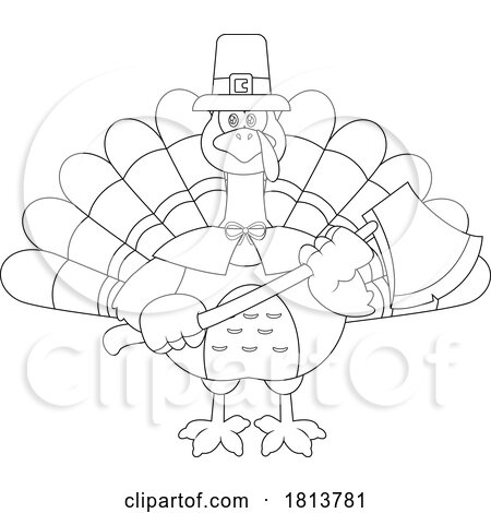 Pilgrim Turkey Bird Mascot Holding Axe Licensed Black and White Cartoon Clipart by Hit Toon