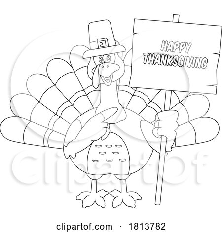 Pilgrim Turkey Bird Mascot with Happy Thanksgiving Sign Licensed Black and White Cartoon Clipart by Hit Toon