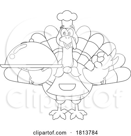 Chef Turkey Bird Mascot with Cloche Licensed Black and White Cartoon Clipart by Hit Toon