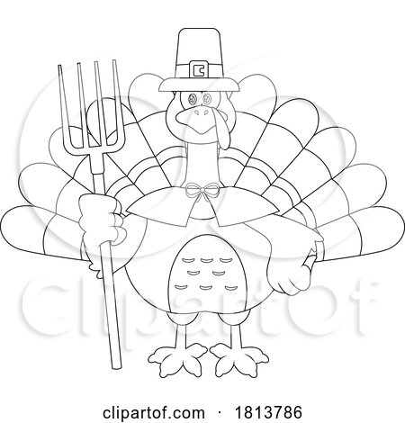 Pilgrim Turkey Bird Mascot with Pitchfork Licensed Black and White Cartoon Clipart by Hit Toon