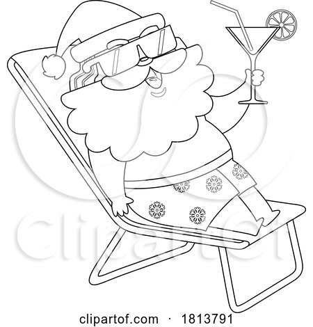 Poolside Vacationing Santa Claus Licensed Black and White Cartoon Clipart by Hit Toon