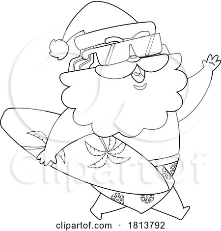 Vacationing Surfer Santa Claus Licensed Black and White Cartoon Clipart by Hit Toon