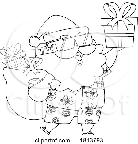 Vacationing Santa Claus with Gifts Licensed Black and White Cartoon Clipart by Hit Toon