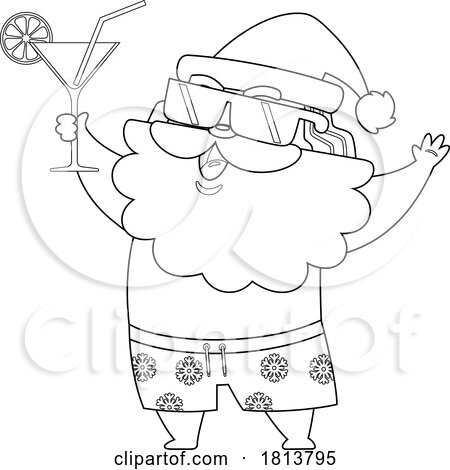 Vacationing Santa Claus with a Cocktail Licensed Black and White Cartoon Clipart by Hit Toon