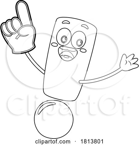 Exclamation Point Mascot Fan Wearing a Foam Finger Licensed Black and White Cartoon Clipart by Hit Toon