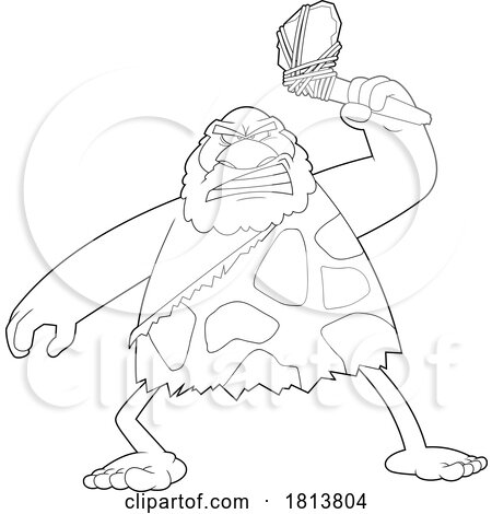 Angry Caveman Wielding a Stone Axe Licensed Black and White Cartoon Clipart by Hit Toon