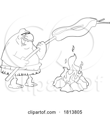 Caveman Cooking Meat over a Fire Licensed Black and White Cartoon Clipart by Hit Toon