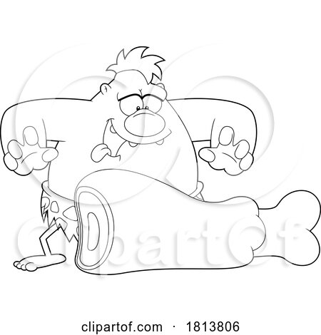 Hungry Caveman with a Meaty Leg Licensed Black and White Cartoon Clipart by Hit Toon