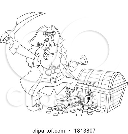 Pirate with Treasure Licensed Black and White Cartoon Clipart by Hit Toon