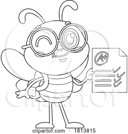 School Bee Mascot with an a on a Paper Licensed Black and White Cartoon Clipart by Hit Toon