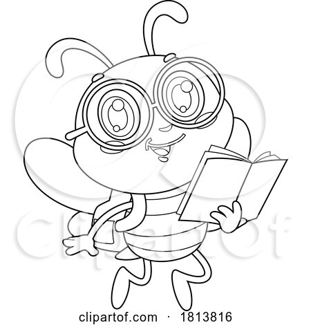 School Bee Mascot Reading Licensed Black and White Cartoon Clipart by Hit Toon