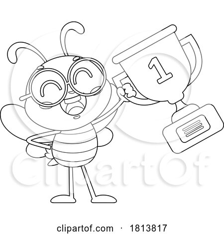 School Bee Mascot with a Trophy Licensed Black and White Cartoon Clipart by Hit Toon