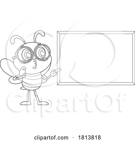 School Bee Mascot and Chalkboard Licensed Black and White Cartoon Clipart by Hit Toon