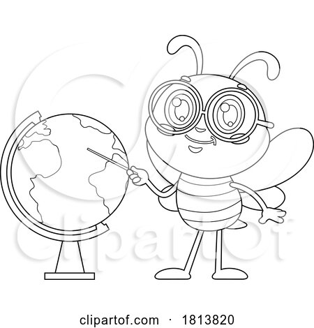 School Bee Mascot and Globe Licensed Black and White Cartoon Clipart by Hit Toon