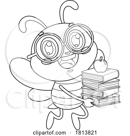 School Bee Mascot with Books Licensed Black and White Cartoon Clipart by Hit Toon