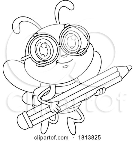 School Bee Mascot Flying with a Pencil Licensed Black and White Cartoon Clipart by Hit Toon