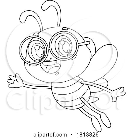 Waving School Bee Mascot Licensed Black and White Cartoon Clipart by Hit Toon